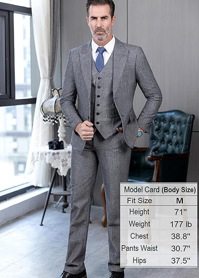 Mens Tweed Herringbone Wedding Suit Prom Tuxedos 3 Piece Peak Lapel Dress